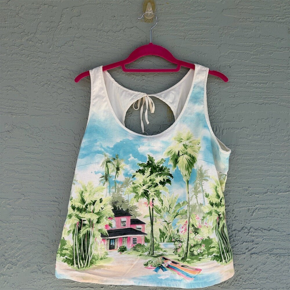 Tommy Bahama Tank Top Womens Size L Multicolor Tropical Keyhole Tie Back